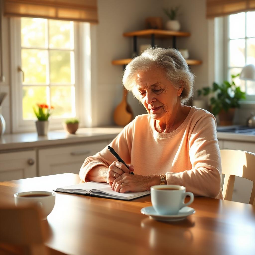 Senior woman journaling at a sunny kitchen table — a simple two-minute habit for gratitude and reflection after 55