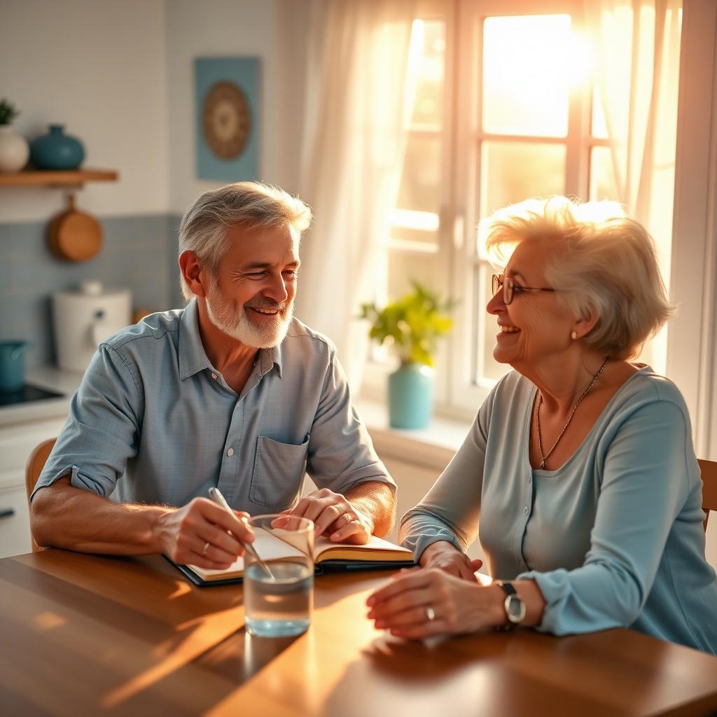 A couple in their early sixties reviewing their day in a sunny kitchen with a notebook and glass of water