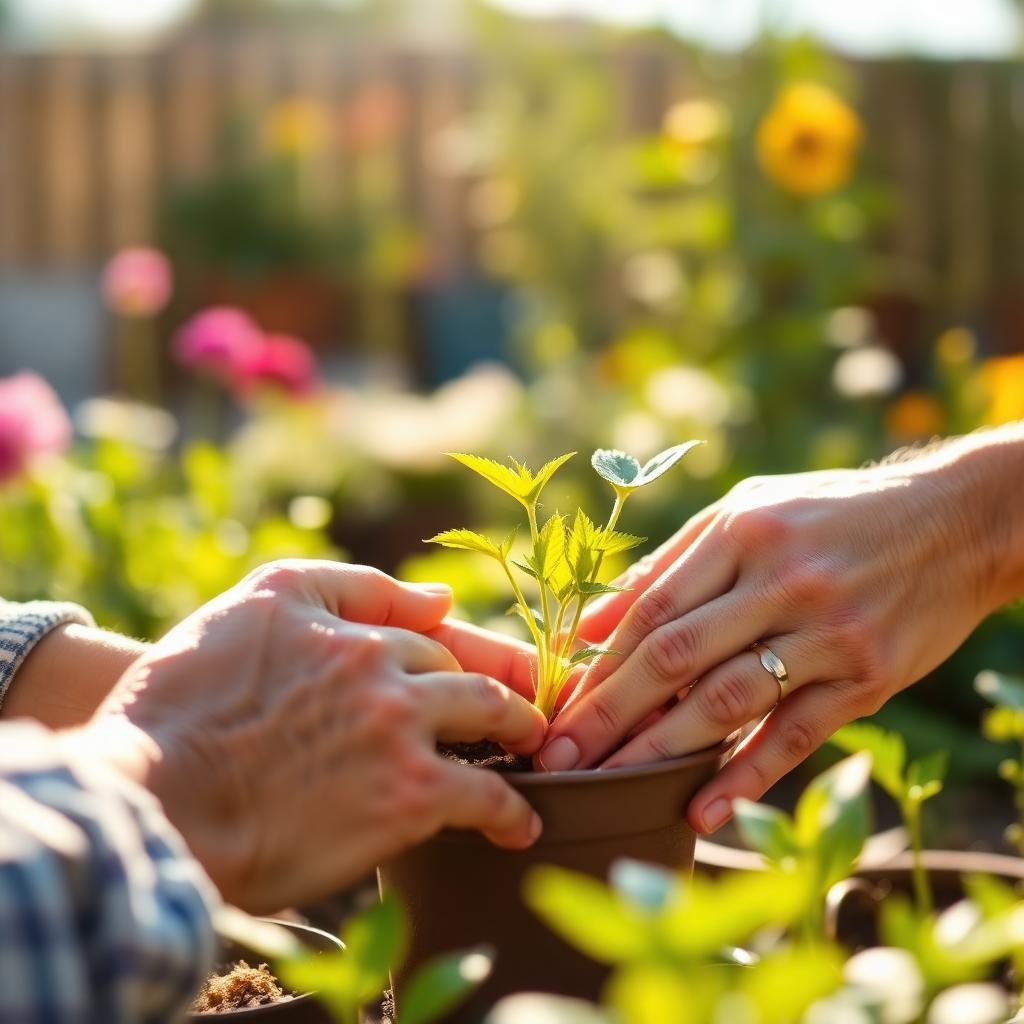 Senior hands tending a small potted plant — a two-minute gardening habit for seniors