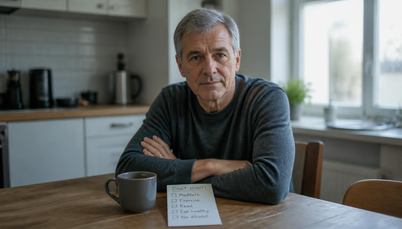 A man in his early 60s sitting quietly at a kitchen table with coffee and a daily habits checklist on an ordinary grey morning