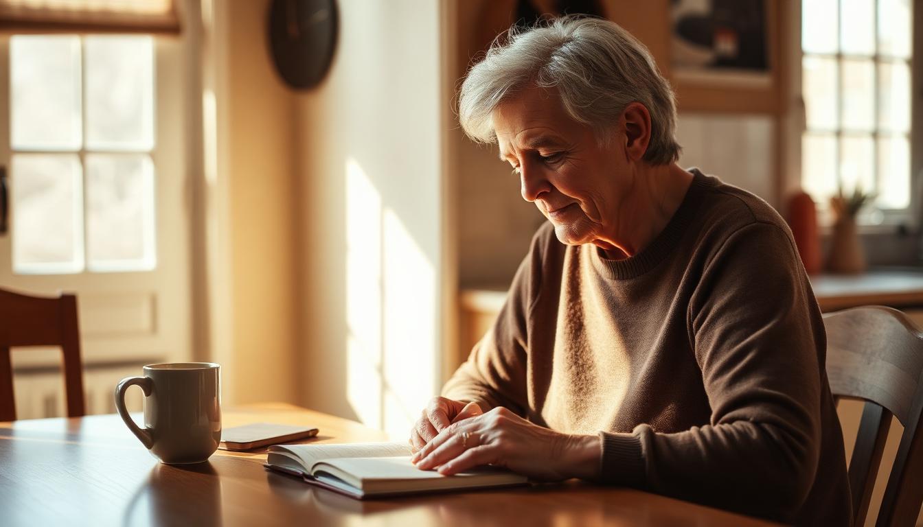 A person in their 60s writing calmly in a journal at a sunlit kitchen table, symbolizing flexible consistency and self-trust