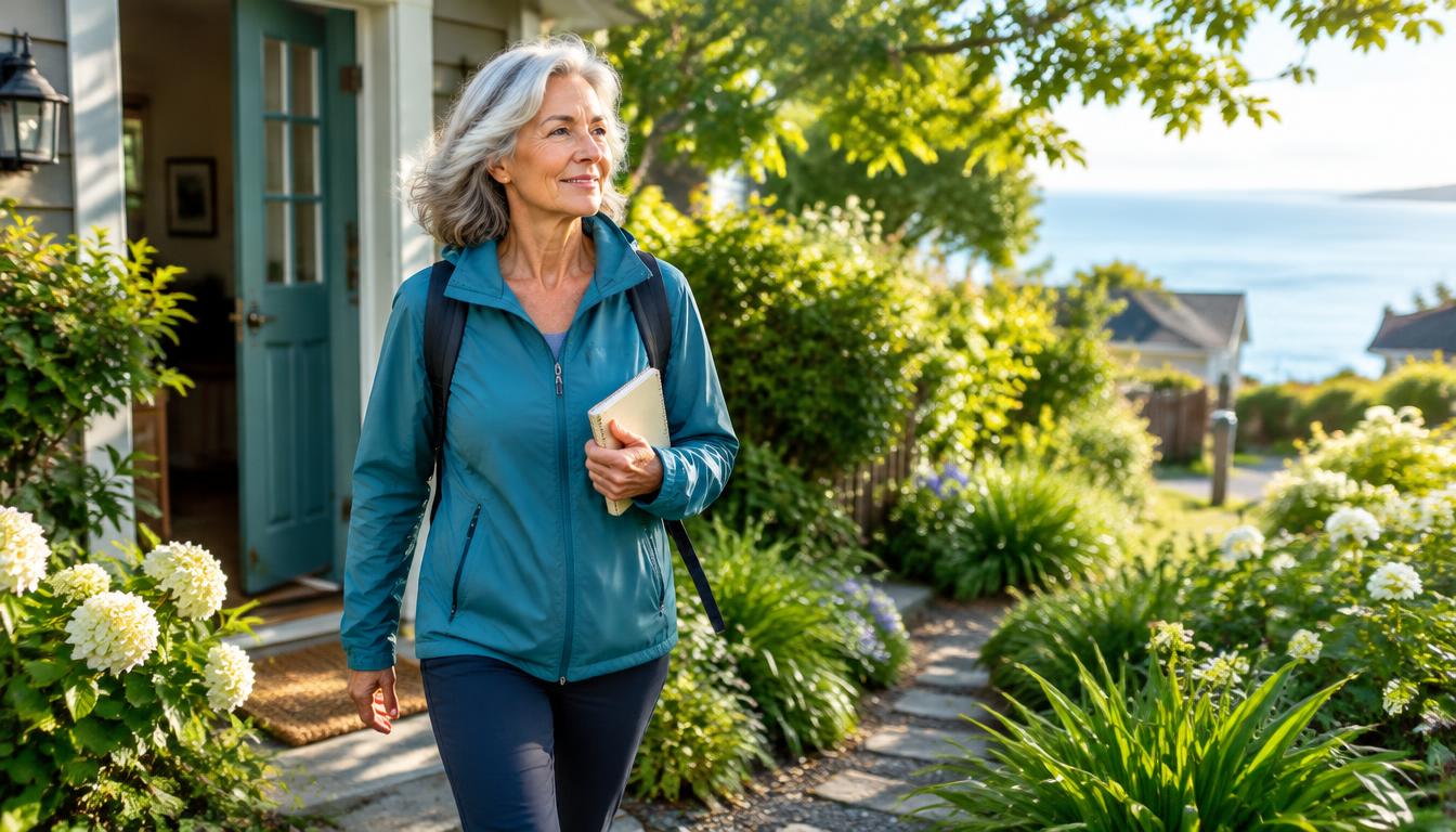 Woman over 55 setting out for a morning walk with a notebook