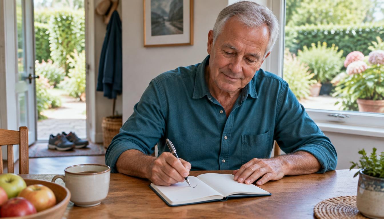 Man in his sixties marking a small completed promise in a notebook at a sunlit table