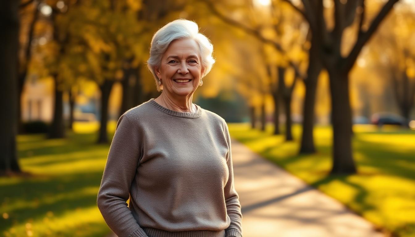 A confident woman in her 60s standing on a sunlit park path, symbolizing self-trust and quiet determination after 50