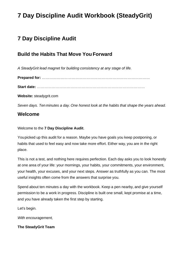 First page of the original 7 Day Discipline Audit workbook, with a welcome and space for your name and start date