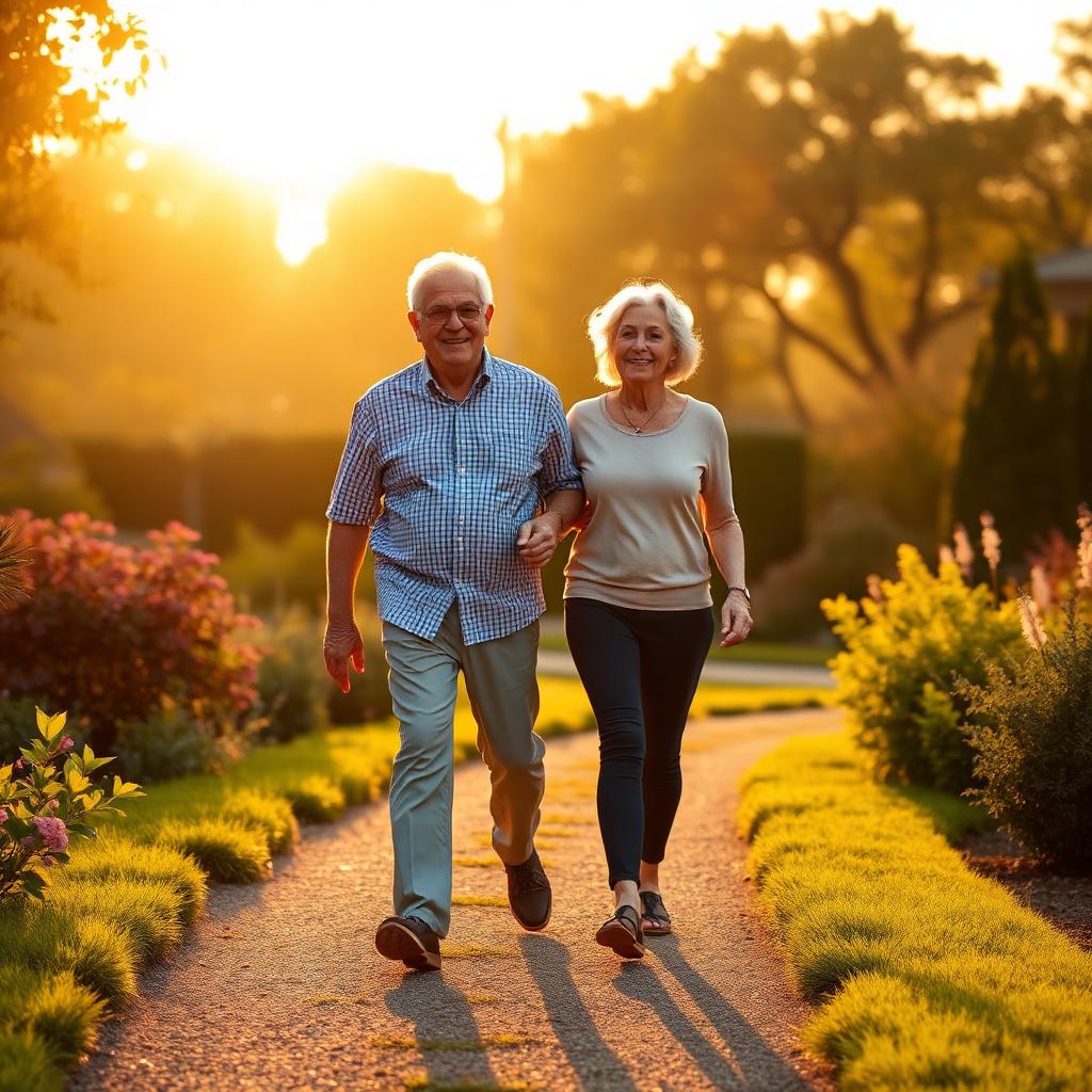 Senior couple walking together at sunrise — a two-minute rule habit for seniors 55+