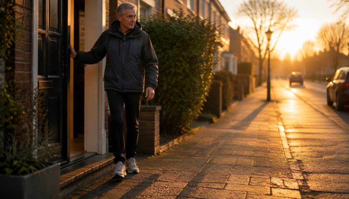 A man in his sixties stepping out his front door onto a quiet street in early morning light, choosing to start the day even when he doesn't feel like it