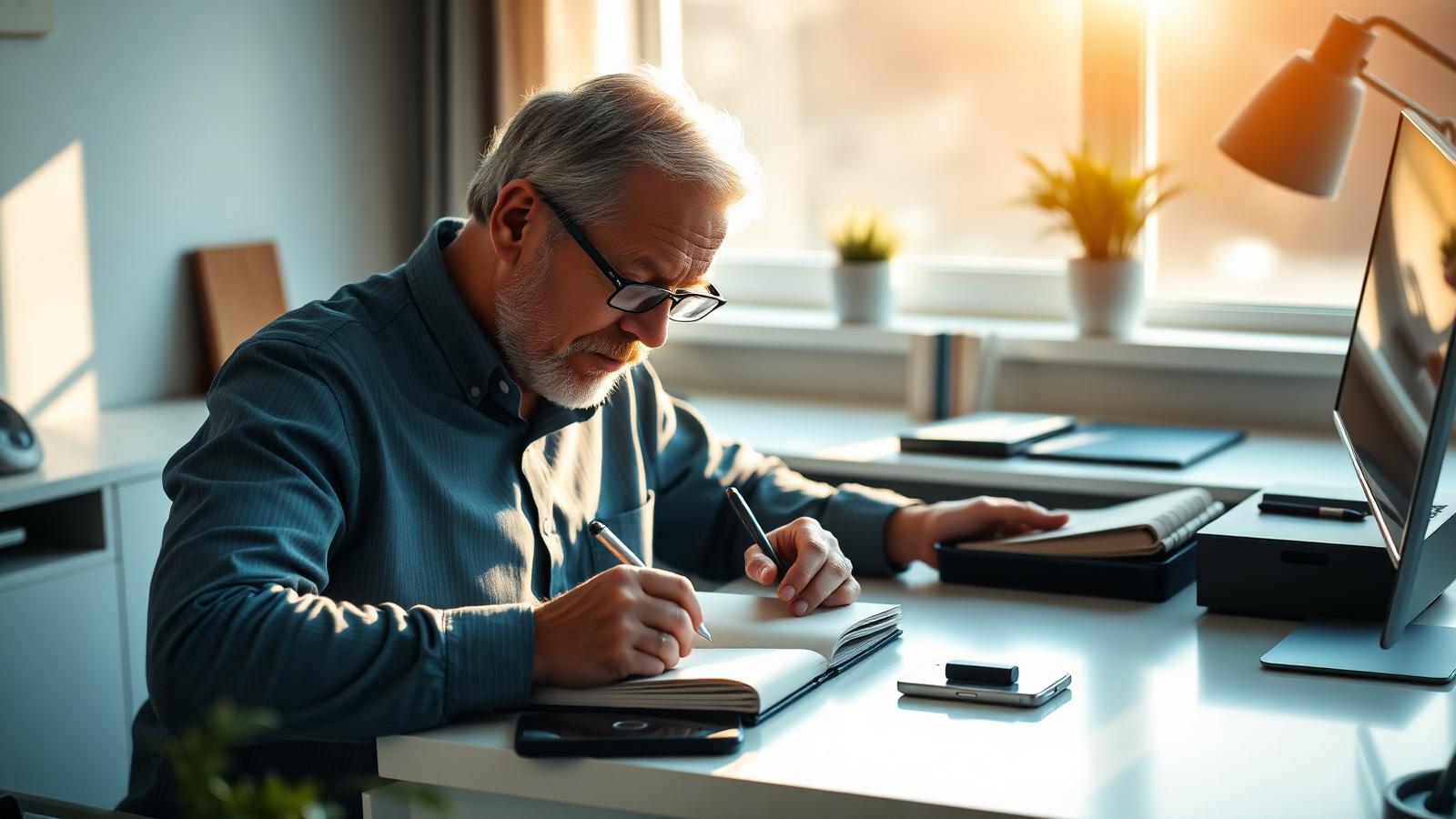 A man in his late 50s writing his five daily critical tasks in a notebook at a sunlit desk