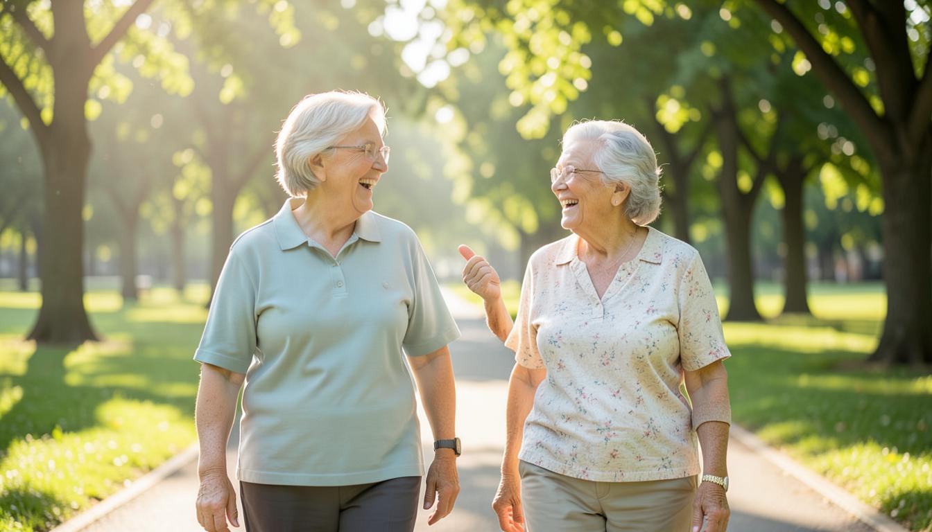 Two older women walking together in a sunny park, laughing and encouraging each other, symbolizing accountability and friendship after 55