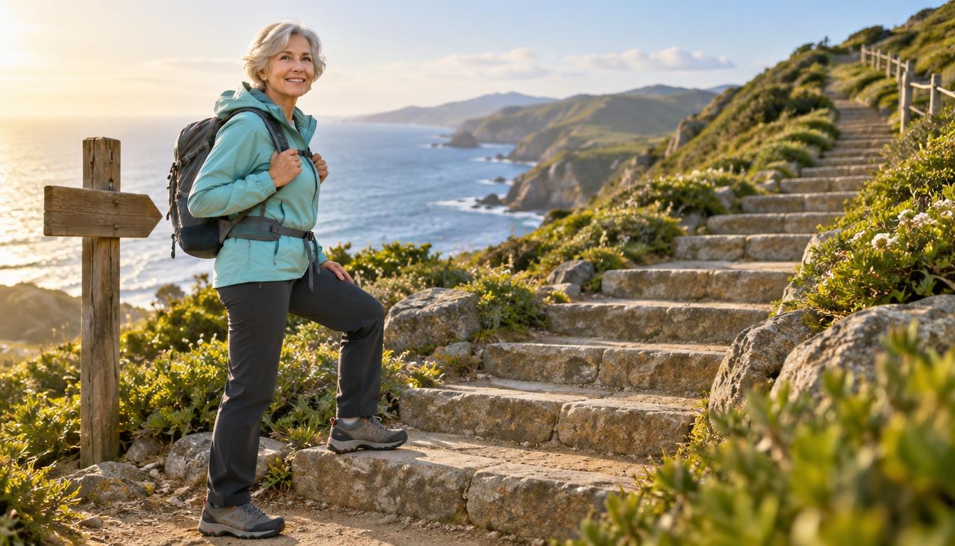 Woman in her sixties taking the first step up a sunlit coastal stone staircase