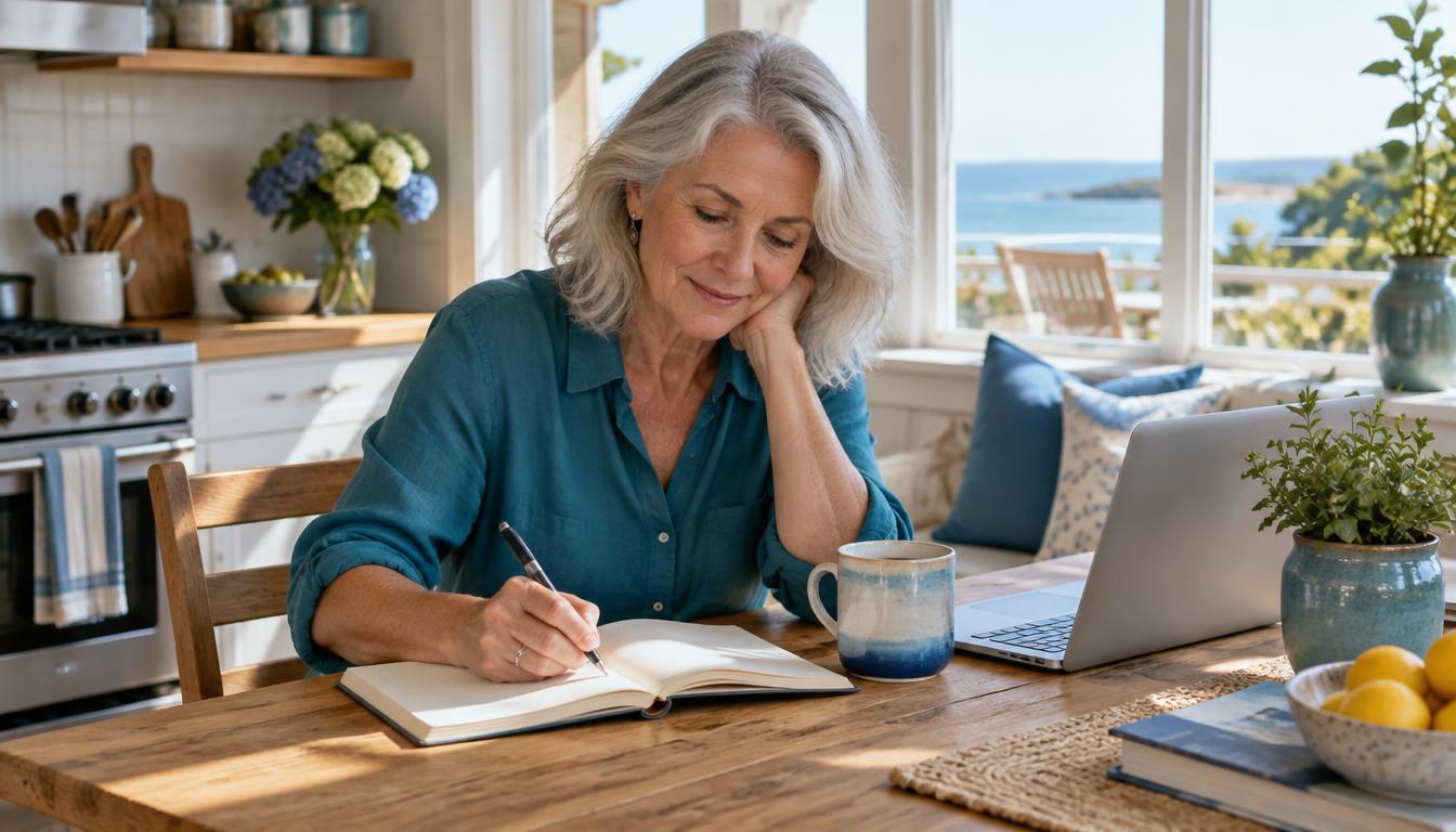 A woman in her sixties writing her first steps for a new venture in a notebook at home