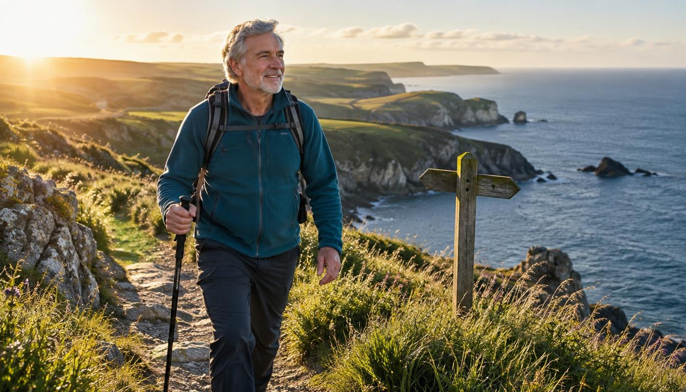 Man in his sixties walking a sunlit coastal path toward the sea