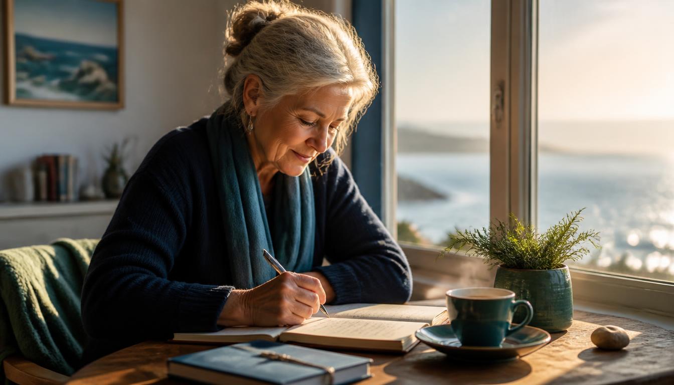 A woman in her 60s writing in a journal by a sunlit window with a cup of tea, symbolizing keeping promises to oneself and building self-trust