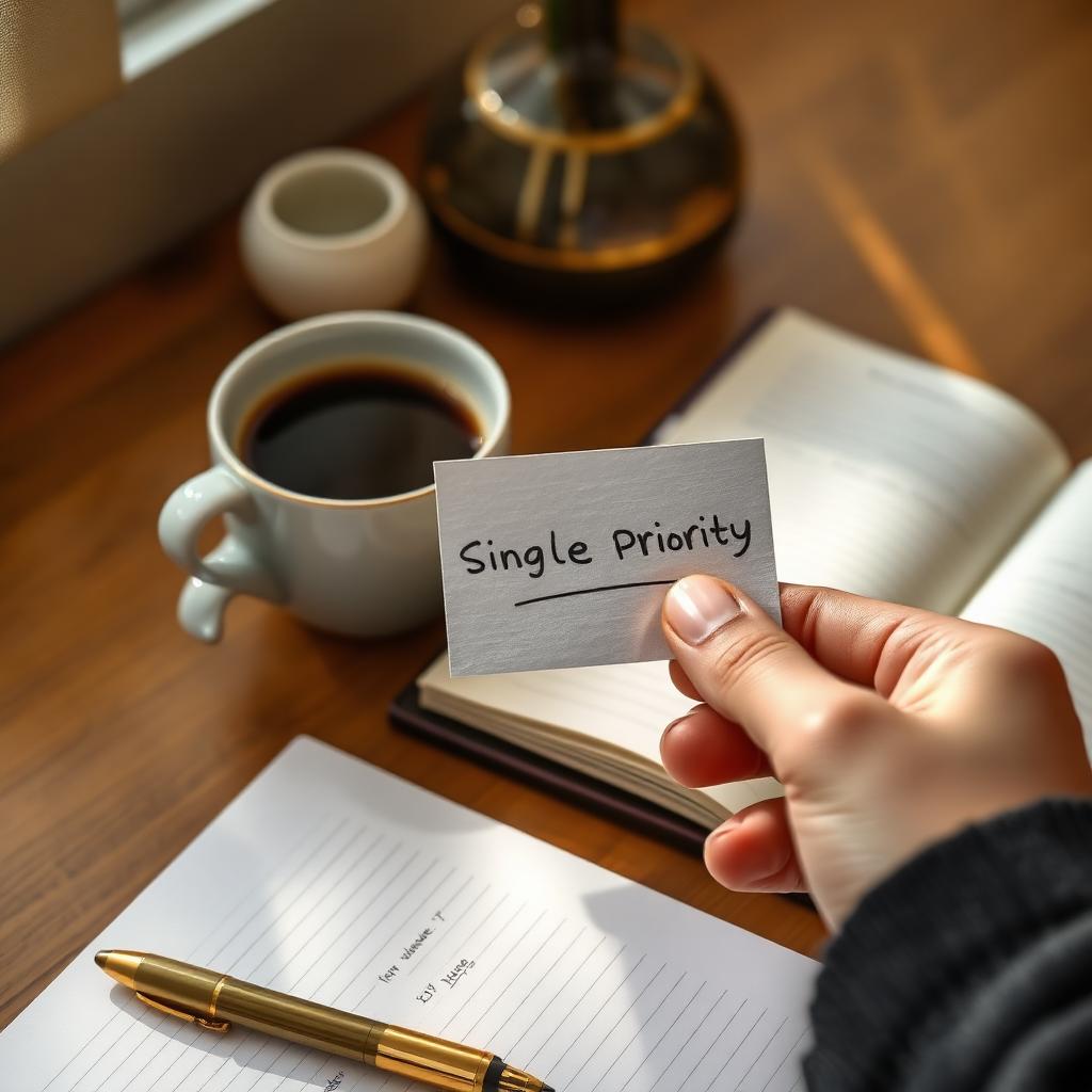 Hand holding a handwritten priority card next to a cup of coffee and an open notebook