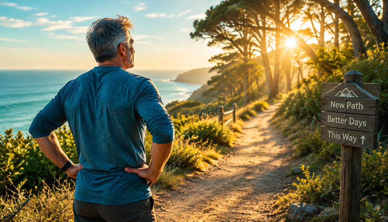 A man in his late 50s standing at the start of a sunlit coastal walking trail, looking toward golden morning light — symbolizing rebuilding motivation after 55