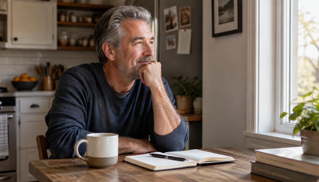 A man in his late 50s sitting at a kitchen table with a notebook and coffee, looking thoughtfully out a window toward soft morning light