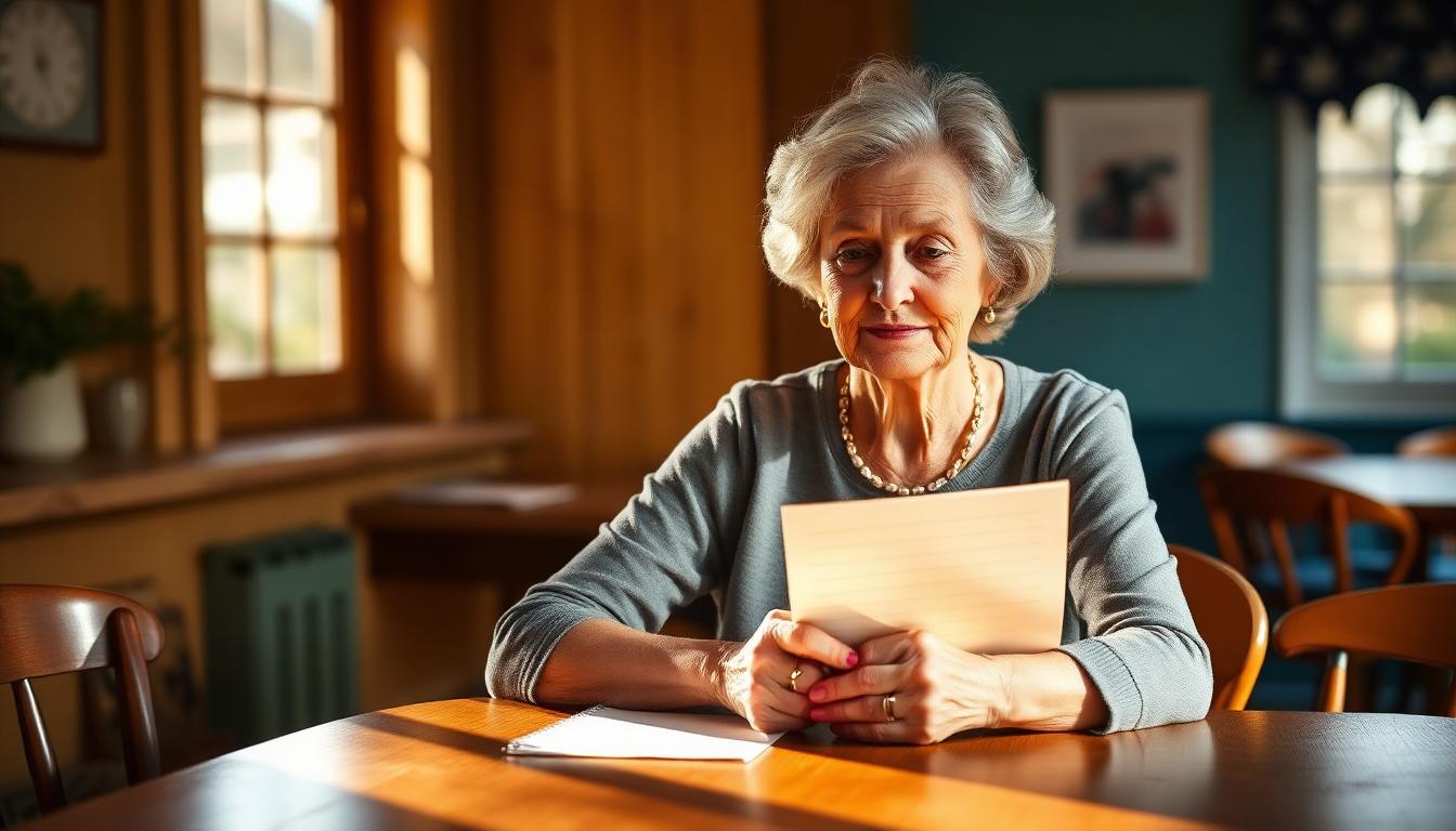 A calm older woman holding a short list at a sunlit table, symbolizing protecting time and saying no after 50