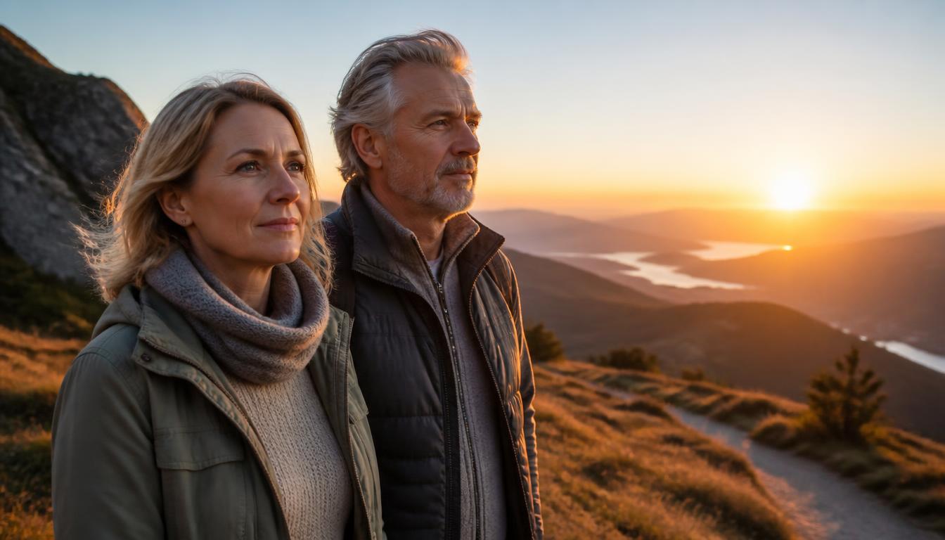 A man and a woman in their fifties standing at a sunrise overlook, looking toward a path ahead