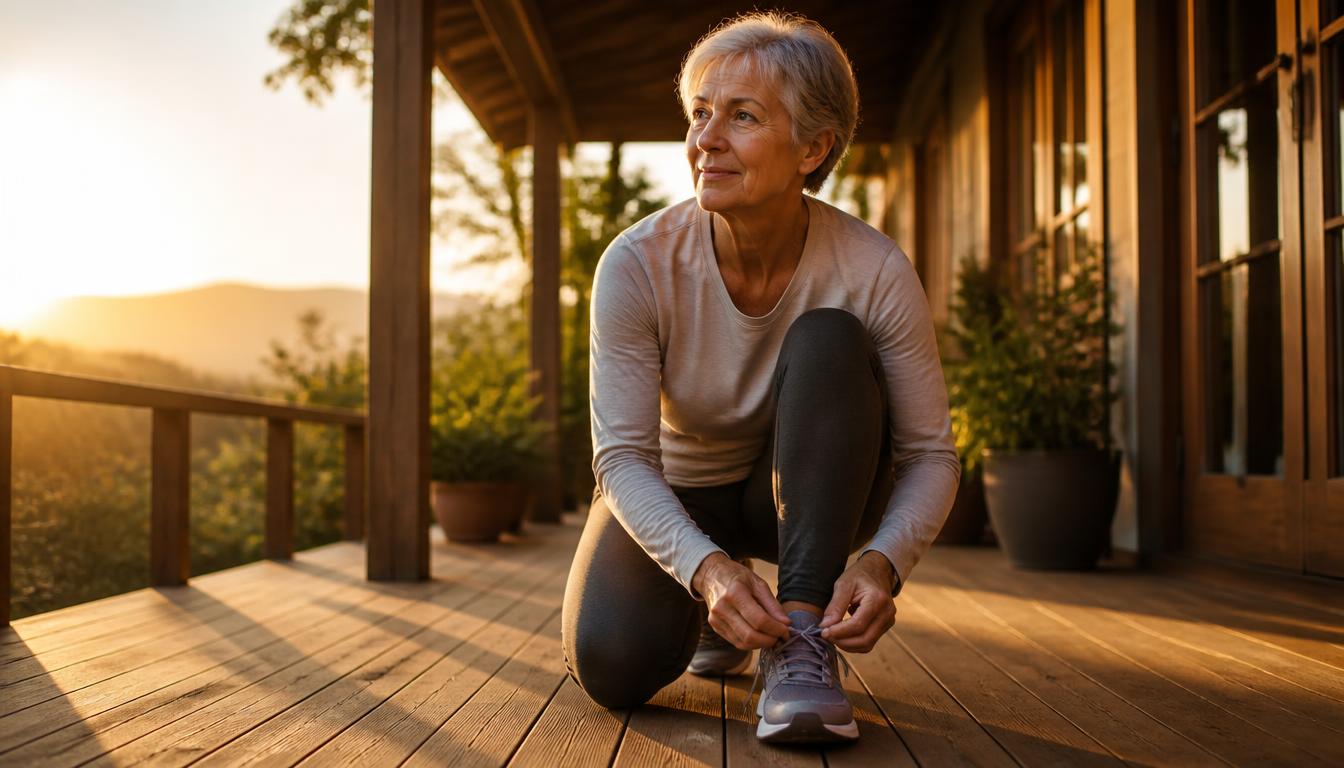 An active older woman lacing up walking shoes at sunrise, symbolizing building daily motivation and drive after 50